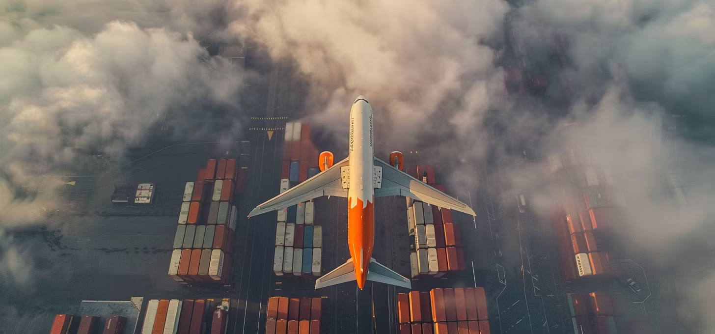 Air freight moving over a field of shipping containers